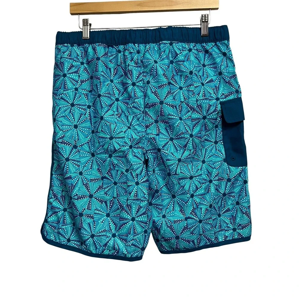 Lands End Swim Trunks Mens XXL Blue Teal Starburst Cargo Pocket Nautical Summer
